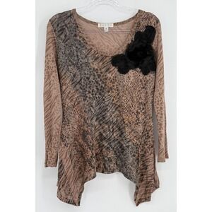 Entity Brown Animal Print Sharkbite Tunic Top 3D Flower Accent Womens Sz M